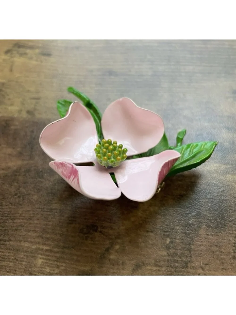 Vintage 1960s Enamel Dogwood Flower Brooch Pink Green Floral Pin Large 2.5